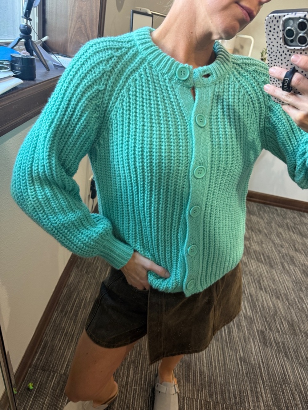 Chunky Knit Button-Up Cardigan Sweater - Mint Green